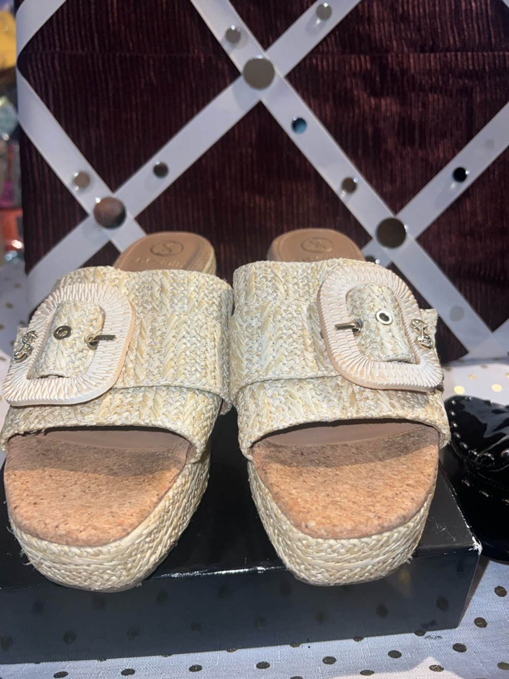 Sam Libby Woven Platform Slide Sandals in Natural